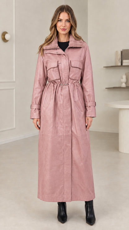 Full-length view of dusty pink faux leather long trench coat with plush collar