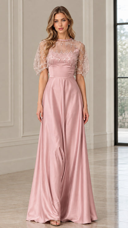 Front view of blush pink beaded illusion capelet satin formal dress