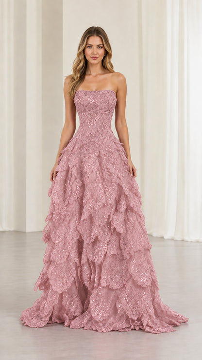 Dusty pink strapless sequin embroidered tiered evening ball gown