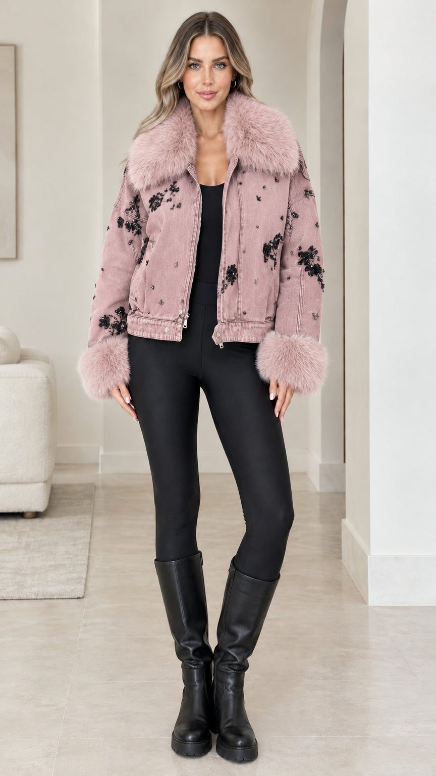 Front view of model wearing Dusty Pink embellished denim jacket with fur trim