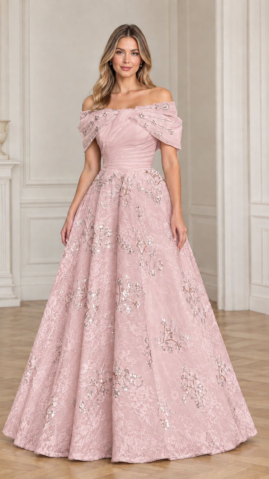 Full front view of model in blush pink embroidered lace evening gown