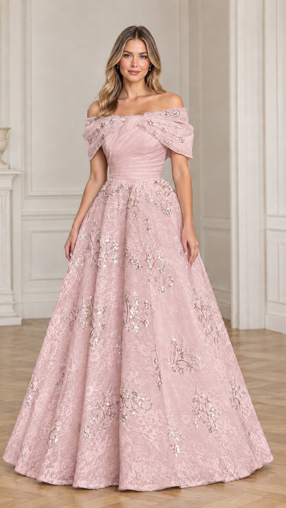 Full front view of model in blush pink embroidered lace evening gown