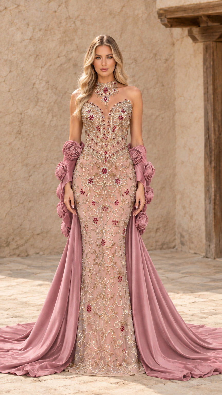 Front view of dusty rose beaded evening gown with matching pink rosette train