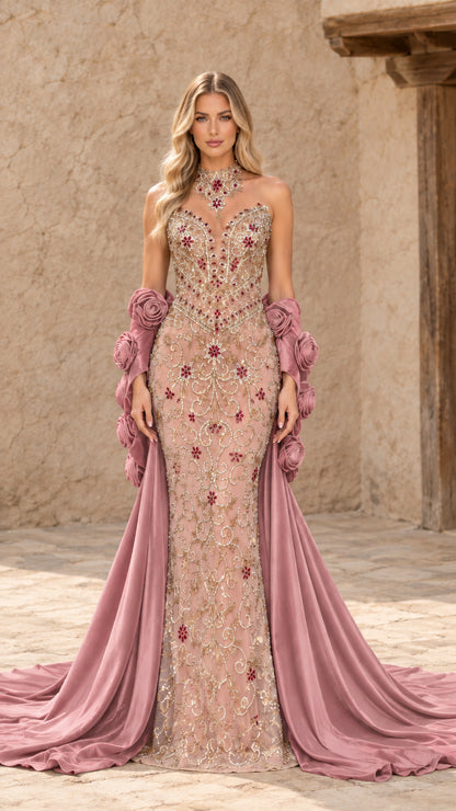 Front view of dusty rose beaded evening gown with matching pink rosette train