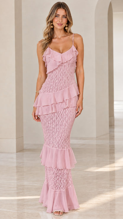 Model wearing dusty pink tiered ruffle lace maxi dress