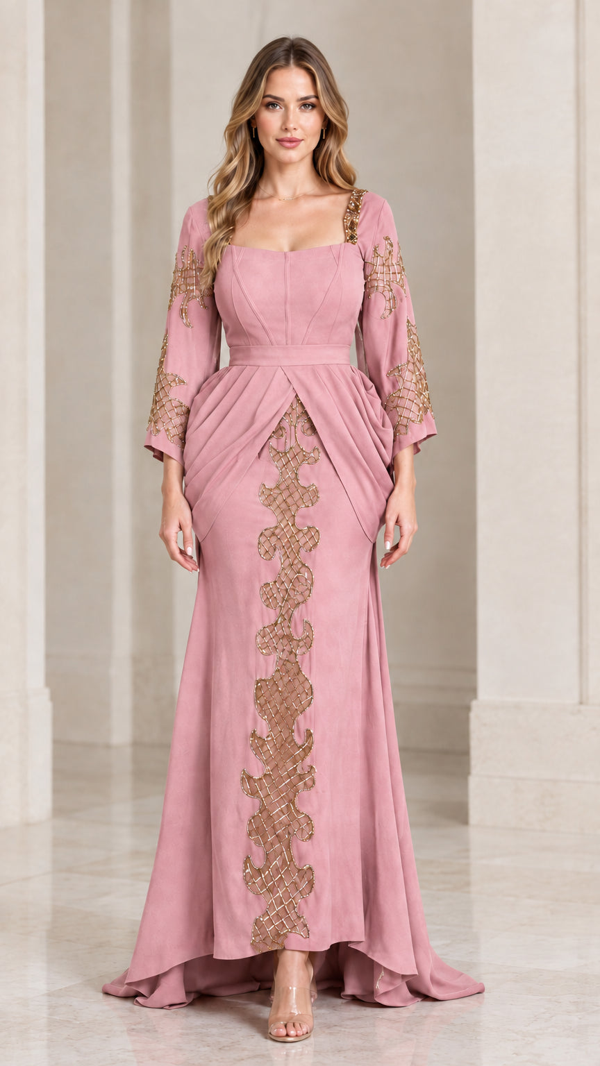 Front view of dusty rose pink embellished maxi gown with square neckline