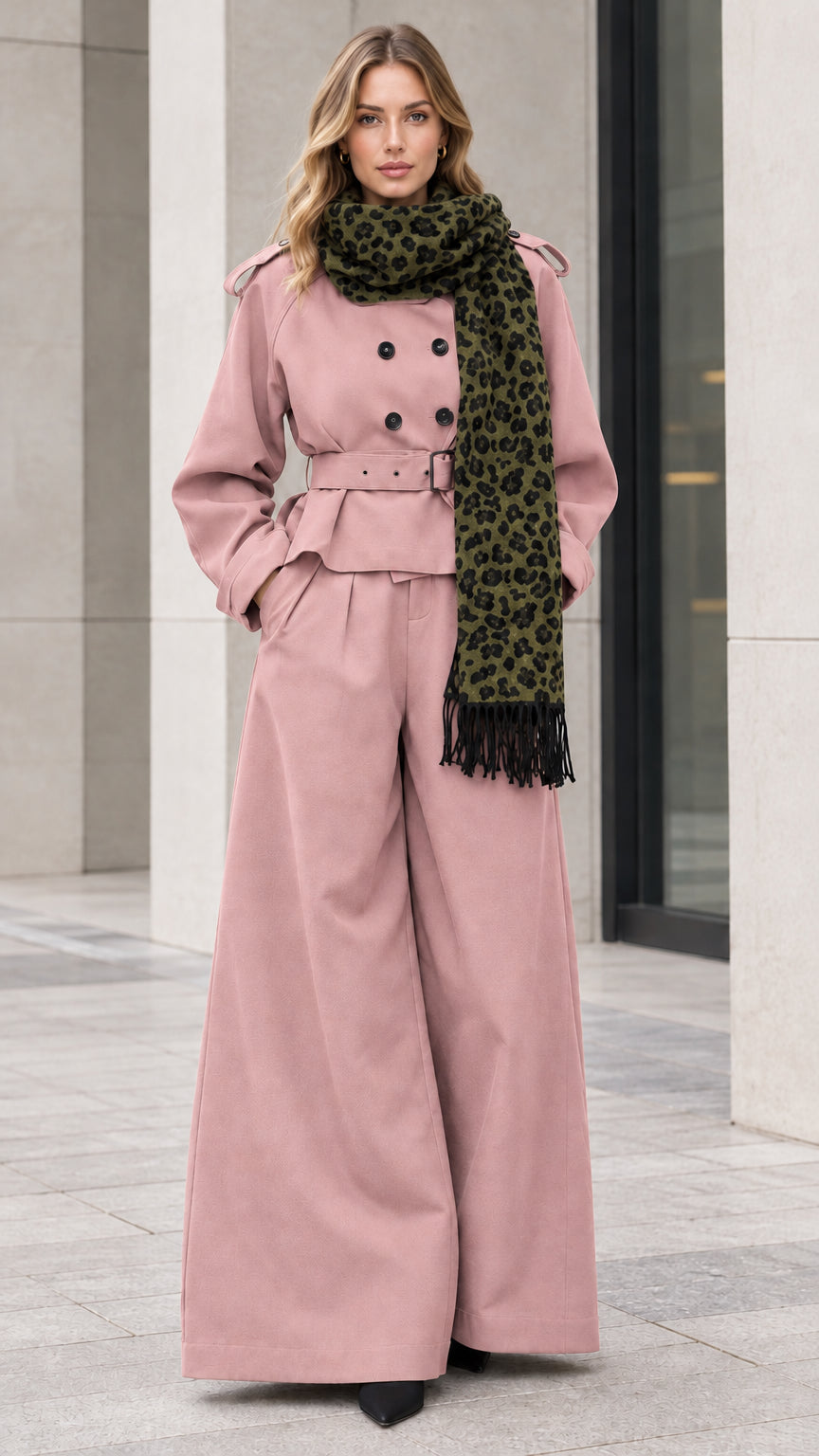 Dusty pink cropped trench jacket and wide-leg trousers two-piece set