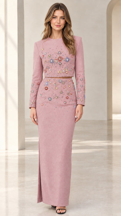 Front view of dusty rose pink beaded two-piece maxi formal dress