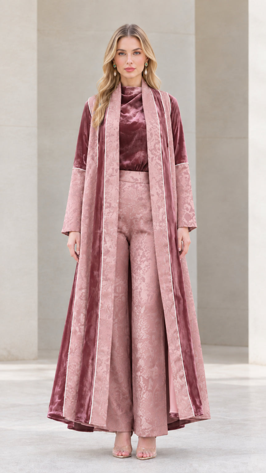 Model wearing Dusty Rose 3-piece velvet and jacquard maxi duster pant set