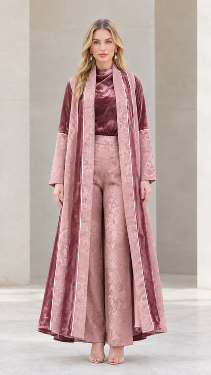 Model wearing Dusty Rose 3-piece velvet and jacquard maxi duster pant set
