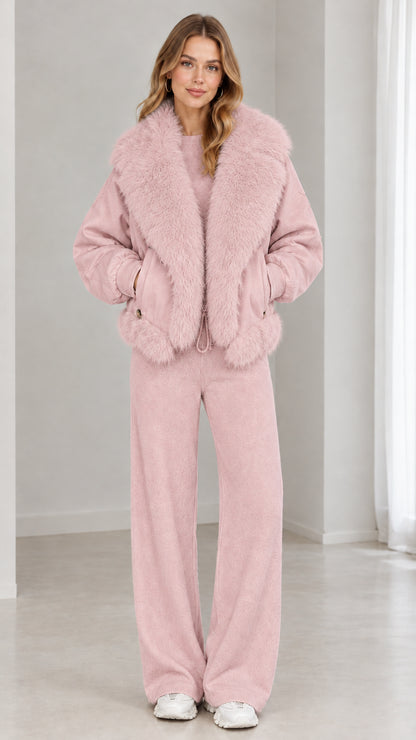 Full front view of model wearing dusty pink faux-fur collar zip-up jacket and matching pink pants