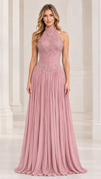 Front view of model wearing a dusty rose high-neck halter beaded pleated chiffon gown
