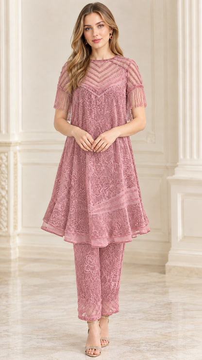 Dusty pink beaded sheer illusion velvet tunic and trousers set on model