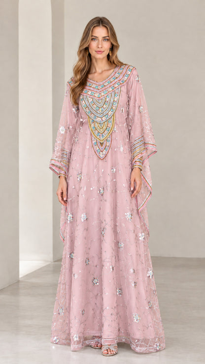 Full-length view of woman wearing Dusty Pink beaded kaftan maxi dress