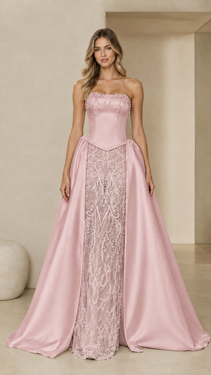 Front full view of Blush Pink strapless beaded corset evening gown