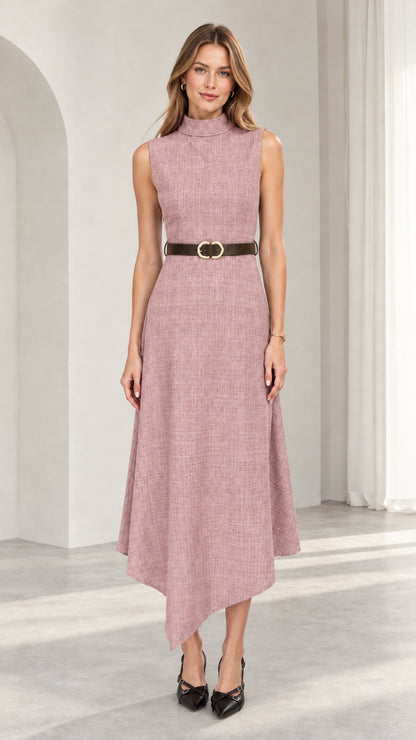 Model wearing dusty rose sleeveless mock neck asymmetrical midi dress