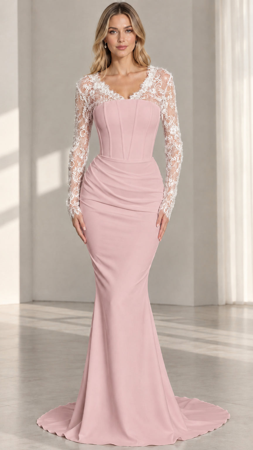 Blush pink lace long sleeve corset mermaid gown