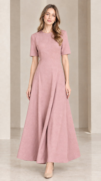 Front view of woman wearing dusty rose short sleeve A-line maxi dress