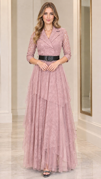 Model wearing dusty pink lapel lace tiered maxi evening dress with belt