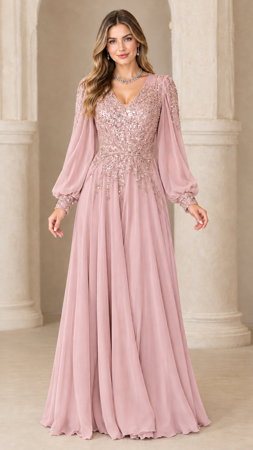 Full-length dusty rose sequin bodice long sleeve formal maxi dress