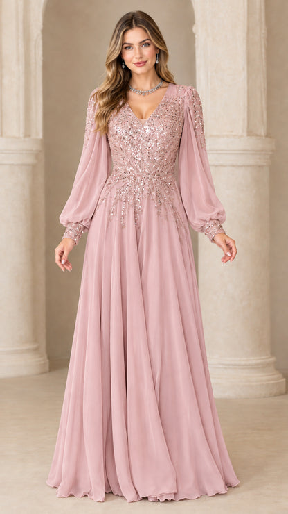 Full-length dusty rose sequin bodice long sleeve formal maxi dress