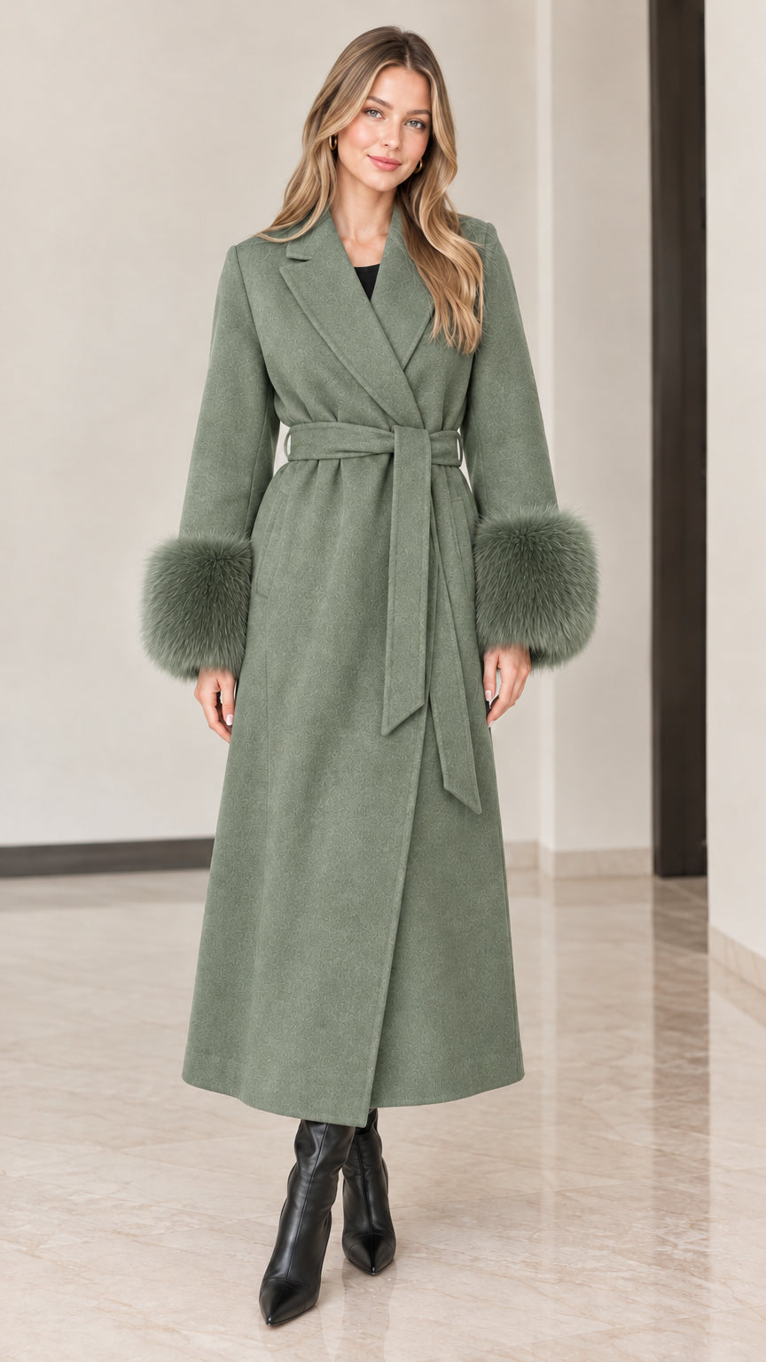 Front view of model wearing sage green maxi wrap coat with plush green faux fur cuffs