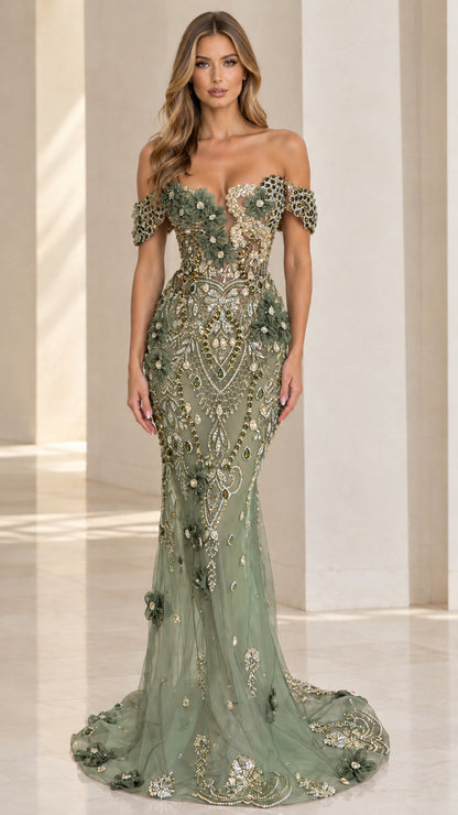 Sage green embellished off-the-shoulder mermaid formal dress