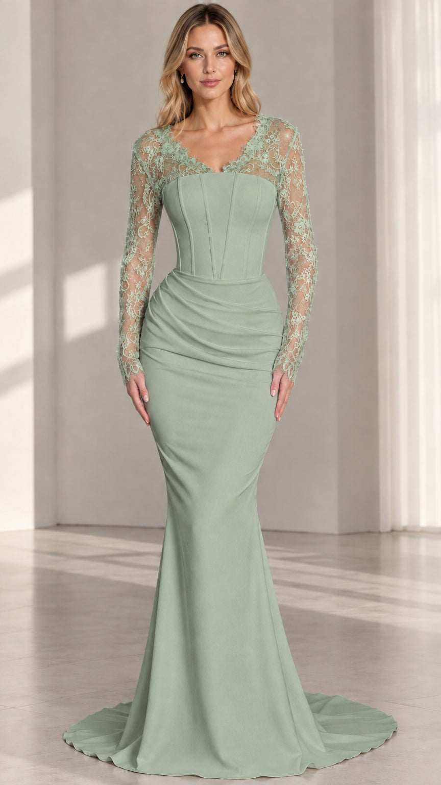 Sage green long sleeve corset evening dress with lace neckline