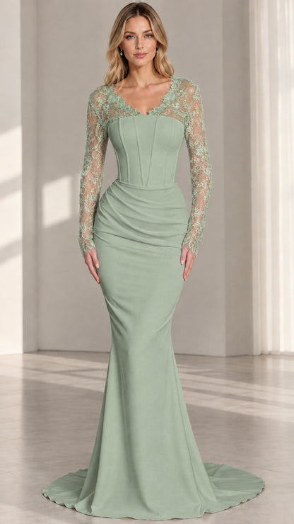 Sage green long sleeve corset evening dress with lace neckline