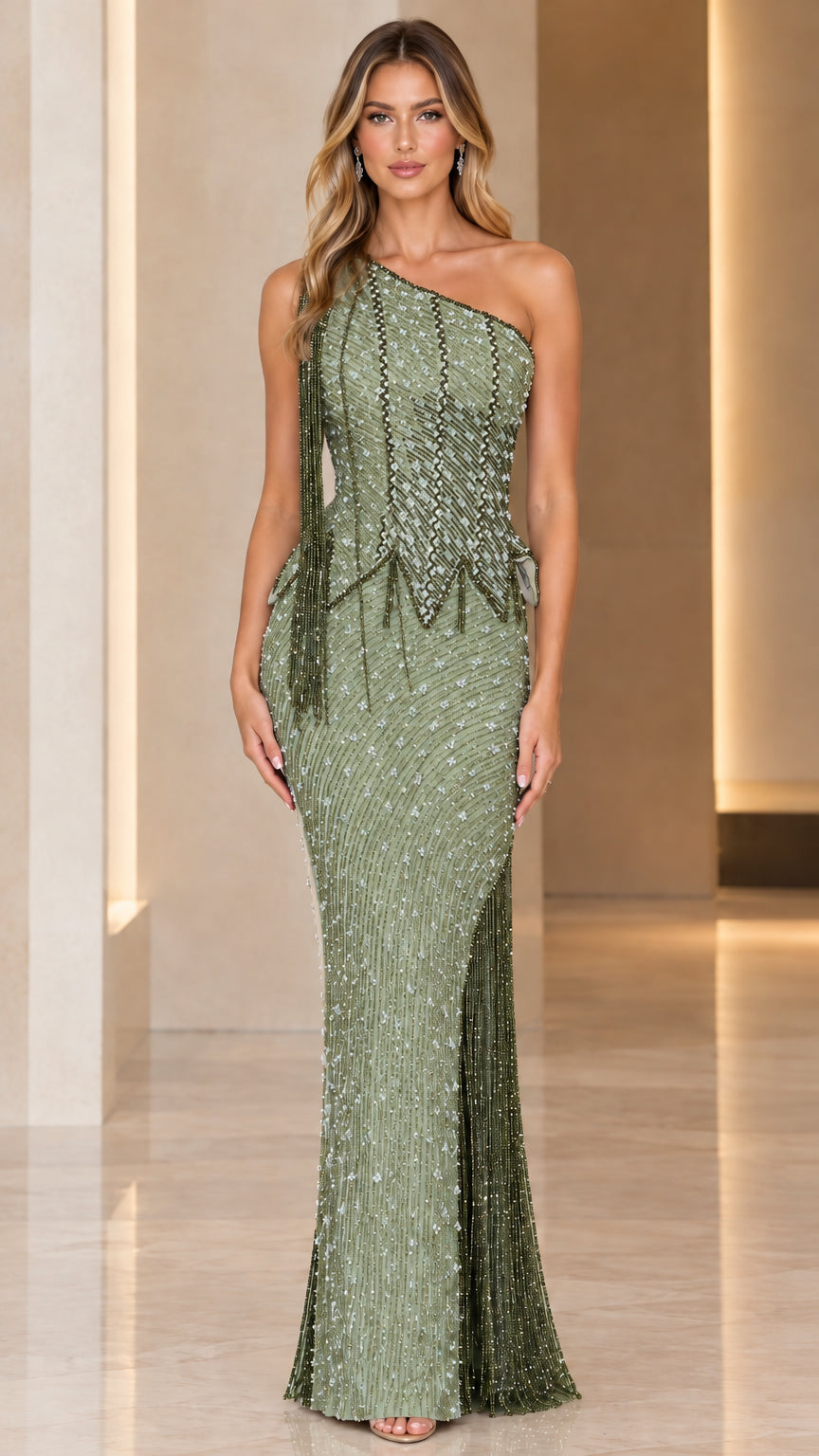 Sage green one-shoulder sequin and beaded floor-length evening gown