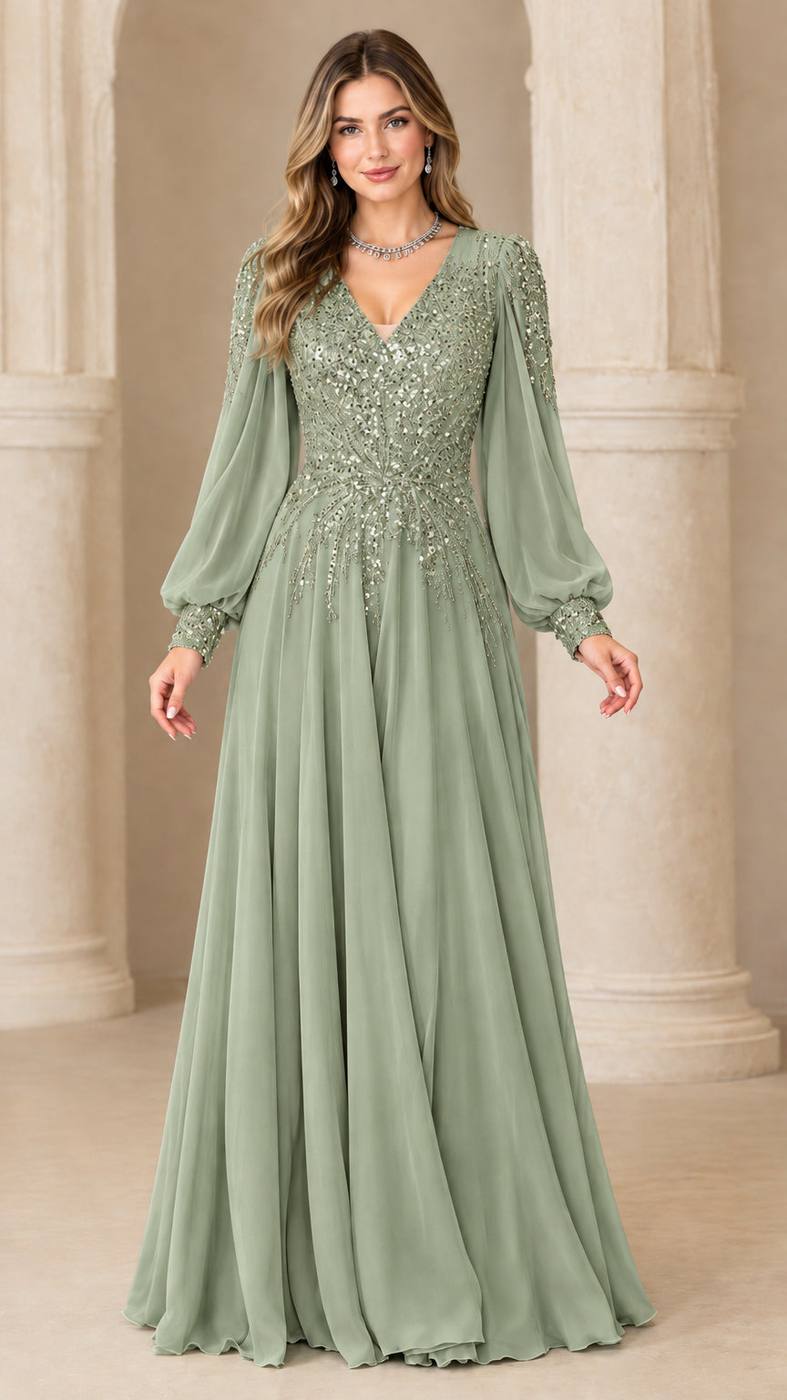 Full-length sage green sequin bodice bishop sleeve evening dress