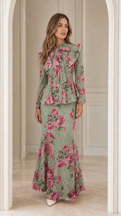 Front view of woman wearing sage green floral lace two-piece set