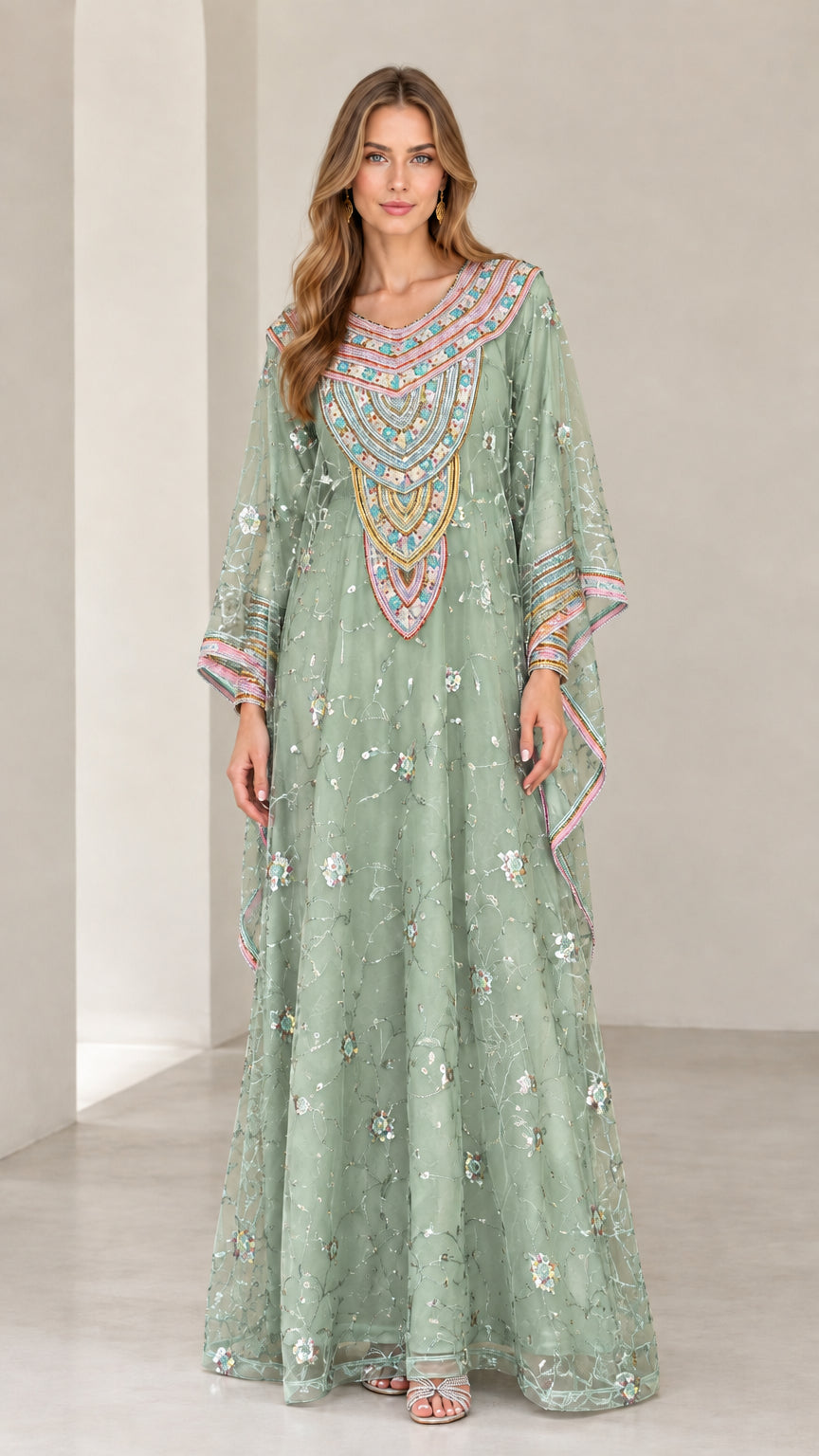 Full-length view of woman wearing Sage Green embroidered kaftan maxi dress