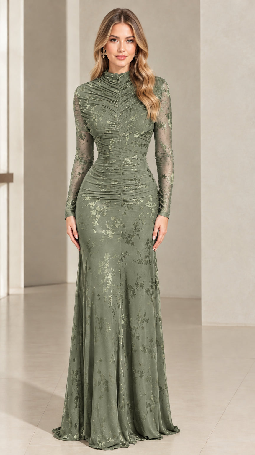 Front view of model wearing Sage Green Ruched Floral Lace Maxi Dress