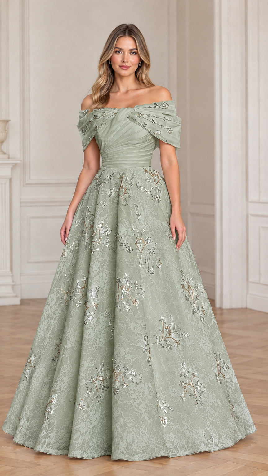 Full front view of model in sage green off-the-shoulder formal A-line dress
