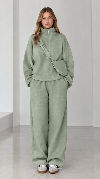 Sage Green relaxed fleece half-zip pullover and wide-leg trousers set