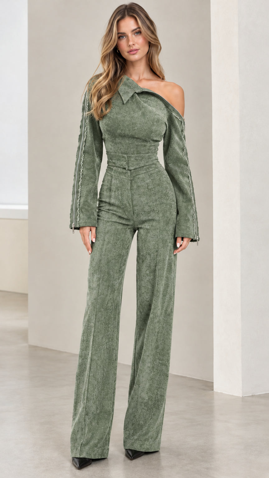 Model wearing Sage Green one-shoulder textured wide-leg jumpsuit