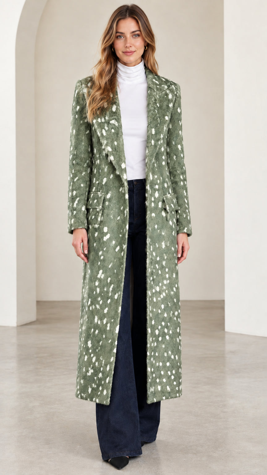 Front view of woman wearing sage green speckled tailored maxi coat