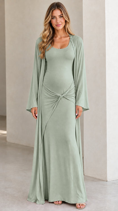 Front view of pregnant model wearing Sage Green maternity maxi dress and cardigan set