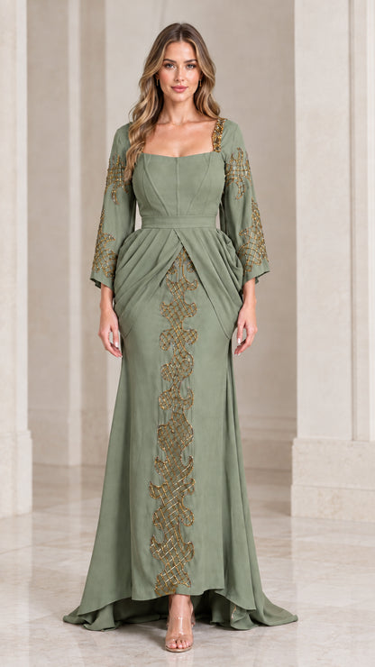 Front view of sage green long sleeve formal evening gown with beaded embroidery