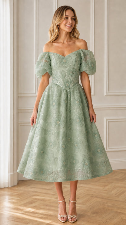 Front view of sage green floral applique midi dress