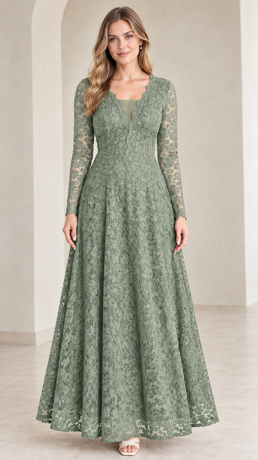 Front view of model wearing Sage Green long sleeve lace evening gown