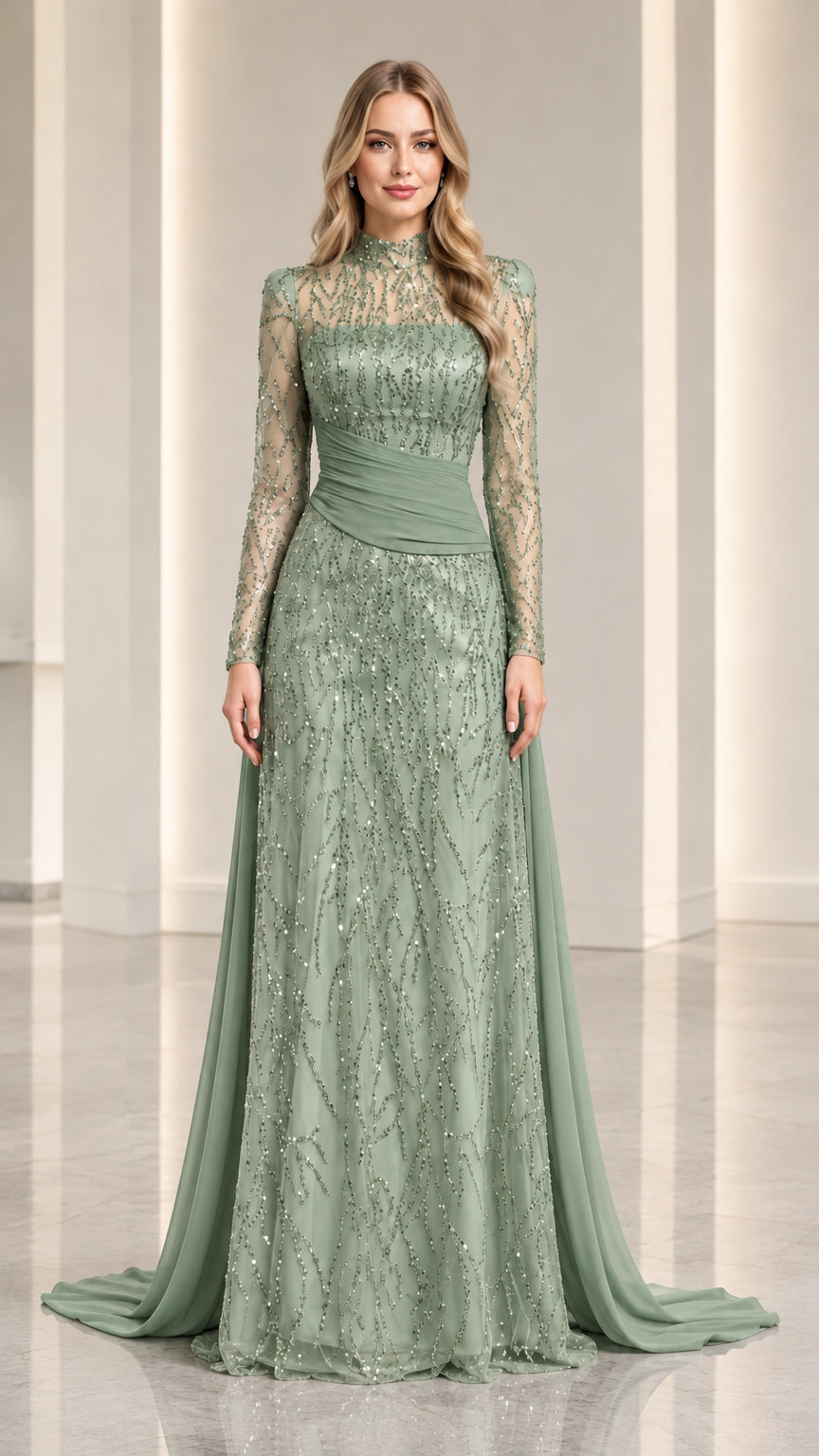 Sage Green embellished evening gown with sheer sleeves and attached cape train