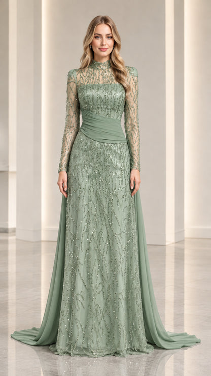Sage Green embellished evening gown with sheer sleeves and attached cape train