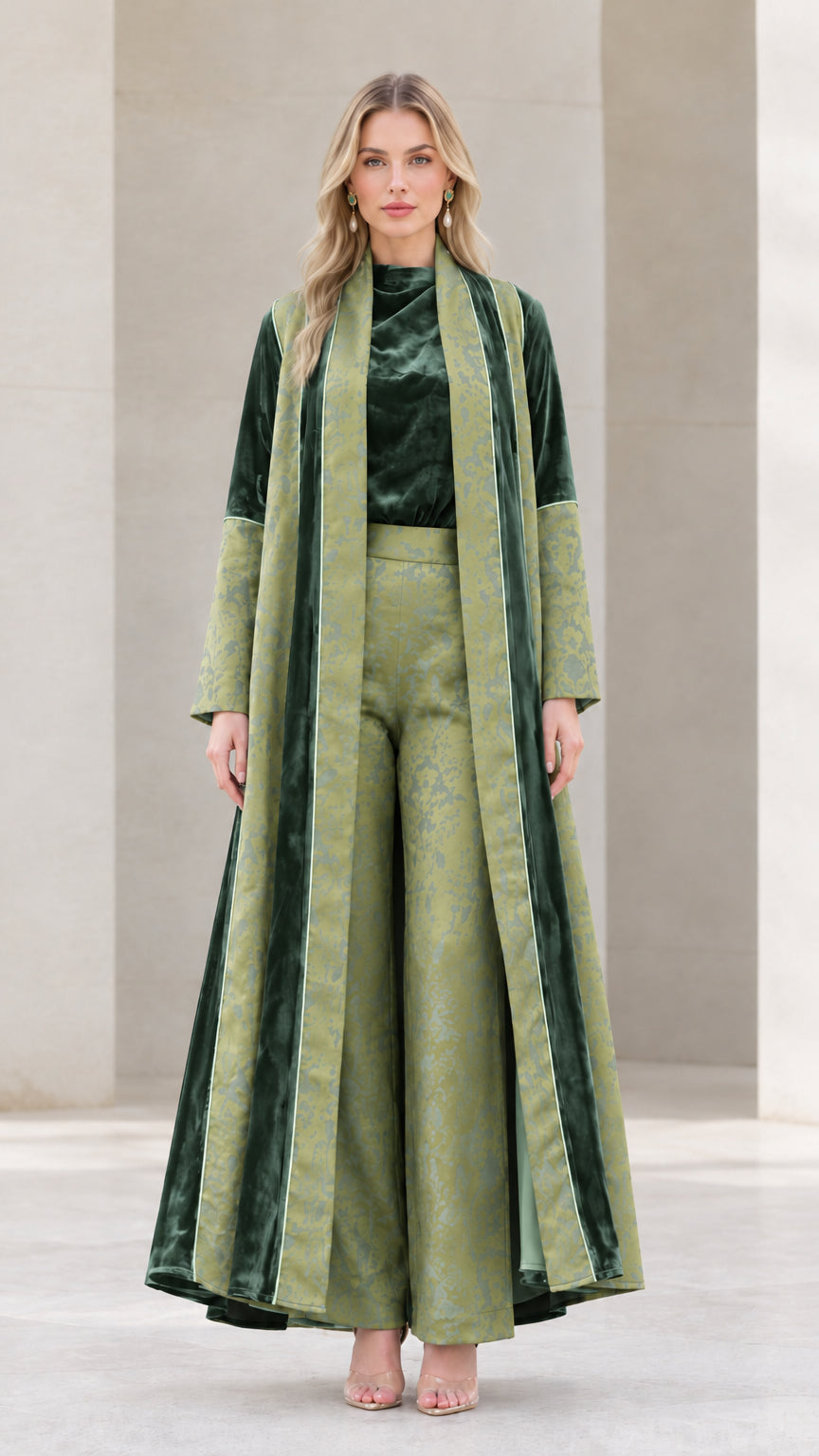Model wearing Sage Green 3-piece velvet and jacquard maxi duster pant set