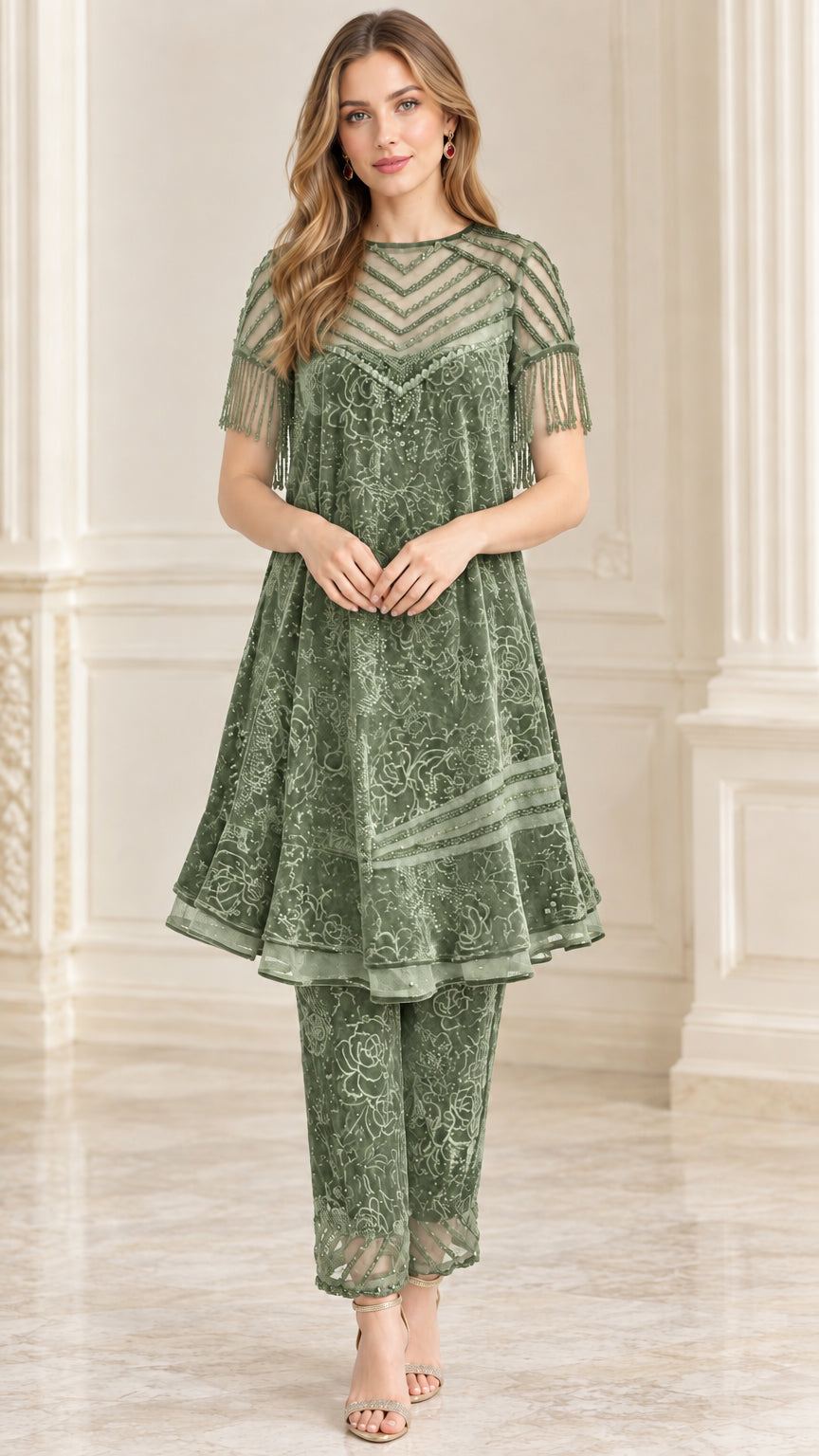 Sage green two-piece embroidered velvet tunic and pants ensemble