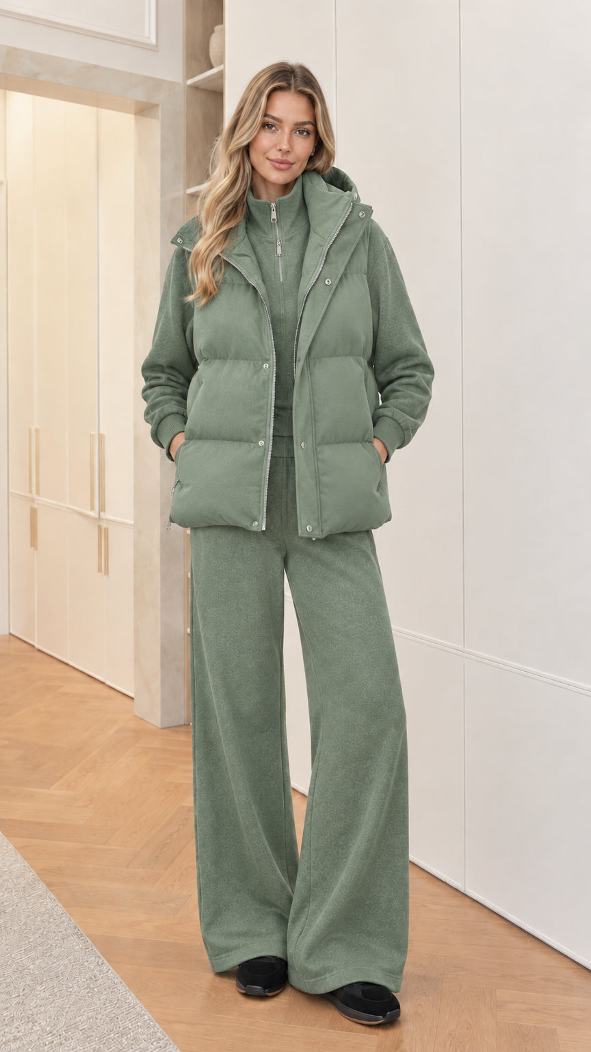 Women's 3-piece hooded puffer vest and lounge set in Sage Green