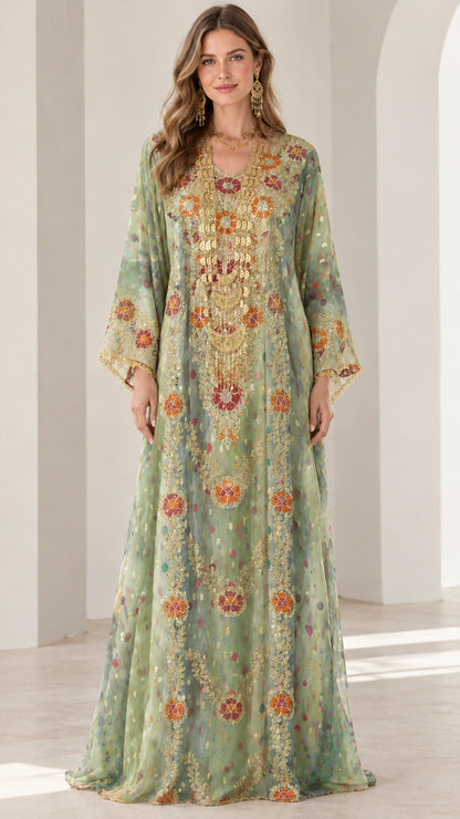Front view of sage green embroidered kaftan maxi dress with gold detailing