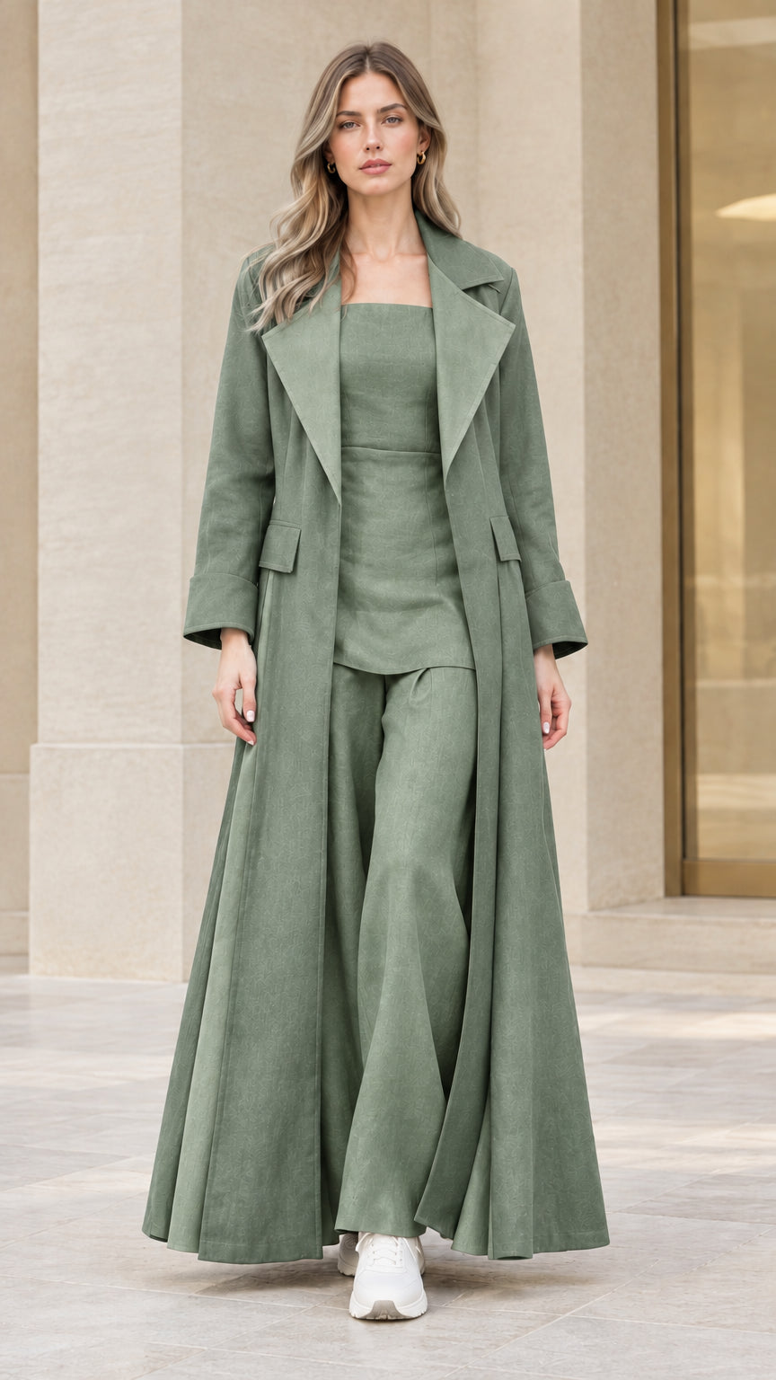 Front view of model wearing sage green floor-length tailored duster coat