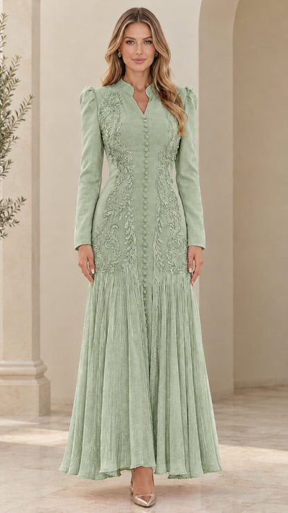 Front view of sage green long sleeve embroidered pleated maxi dress